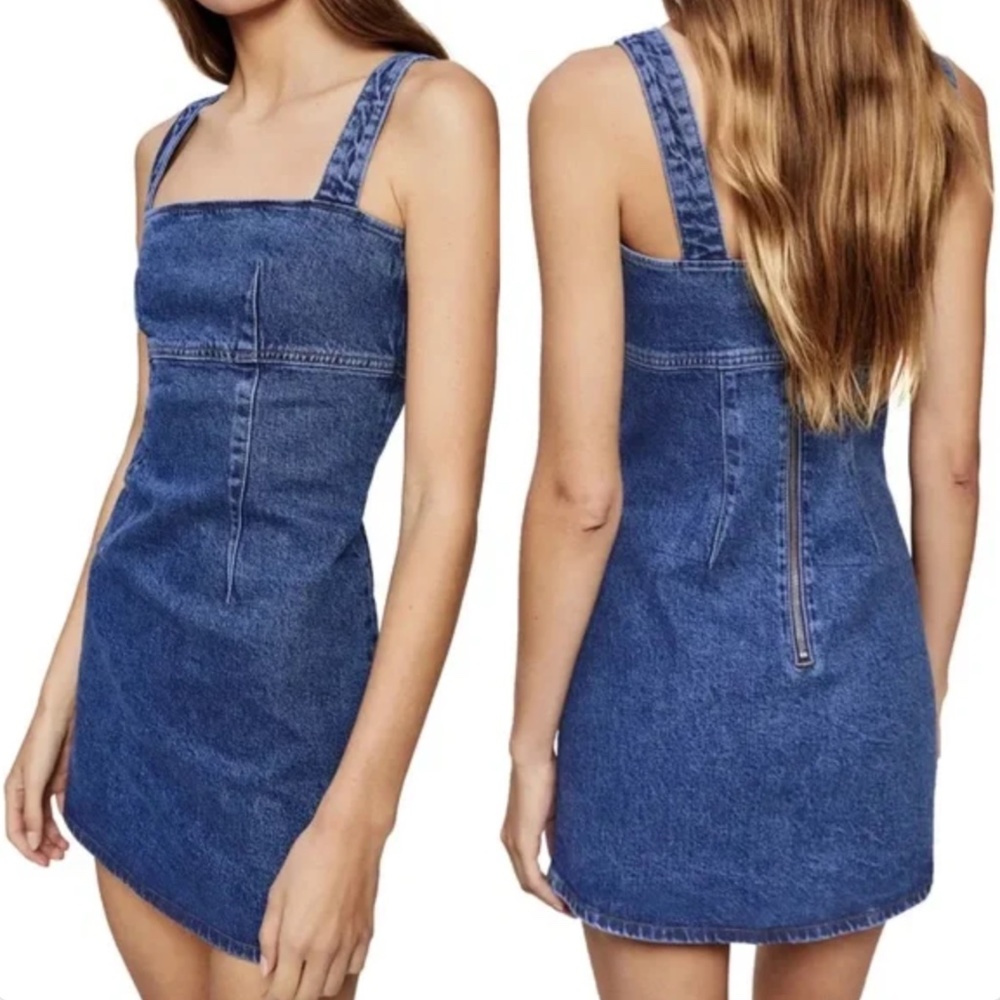 Reformation Lizzie Denim Mini Dress Blue Fitted Structured Square Neck Size 8